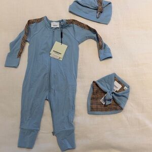 Burberry Light Blue Footie with Plaid Accents